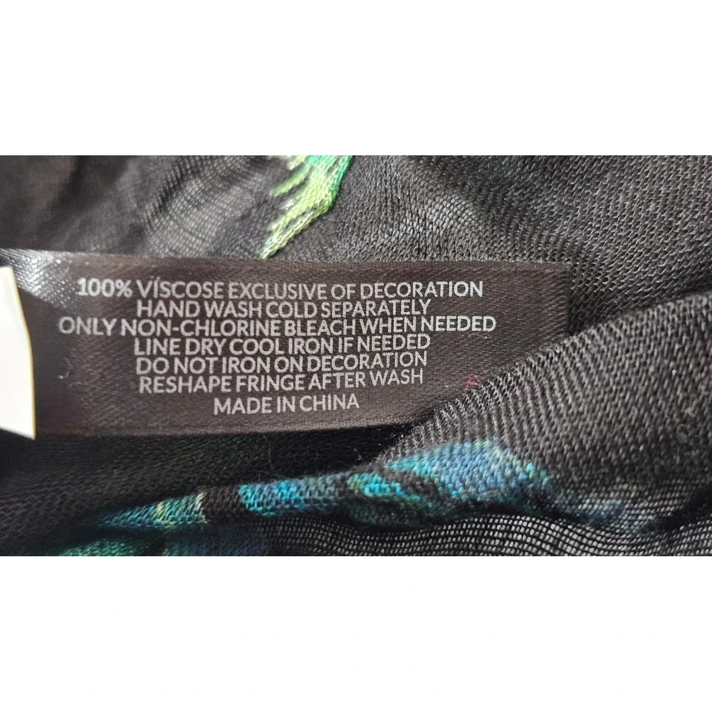 Lane Bryant Hummingbird Print Scarf Black Viscose Tassel Trim Lightweight Wrap